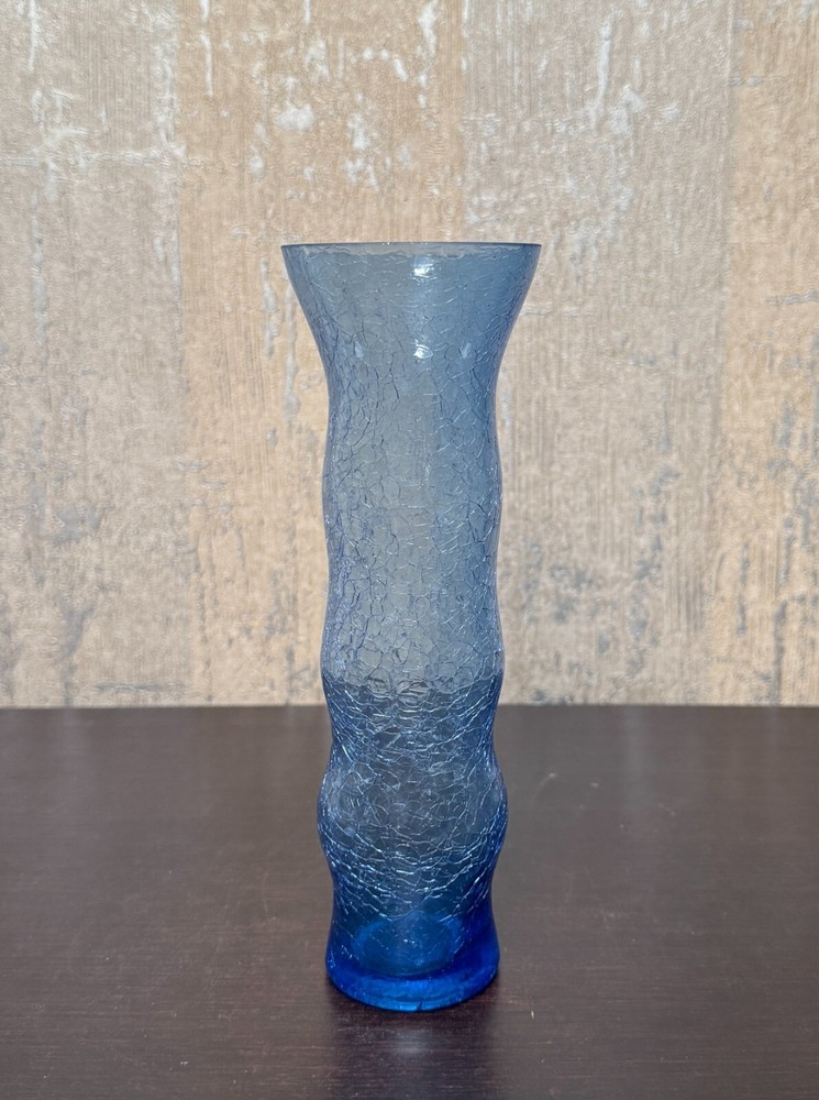 Vintage Hand Blown Blue Crackle Art Glass Vase