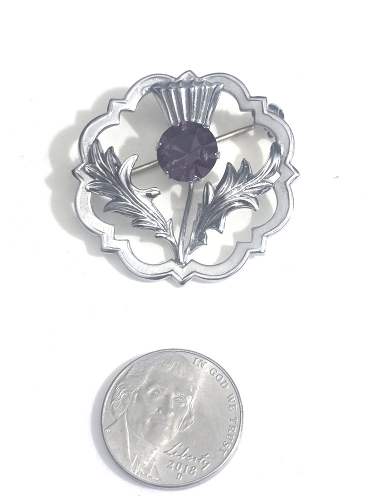 Vintage  MIZPAH Scottish Thistle Brooch Purple glass stone silver tone 1.5