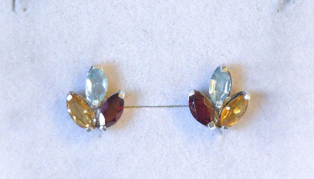 Vintage Sterling Silver Multi-Stone Leaf Stud Earrings
