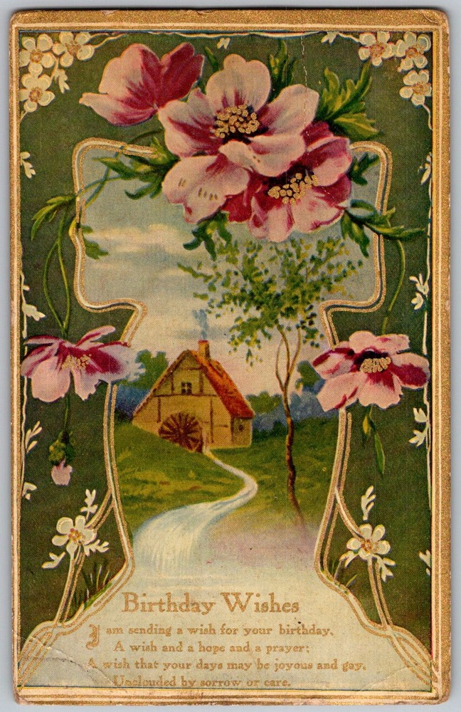 Antique Postcard Birthday Wishes Floral Cottage 1910s