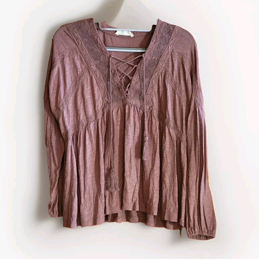 Lucky Brand Lace-Up Trim Peasant Top in Rose BrownWomen's Small