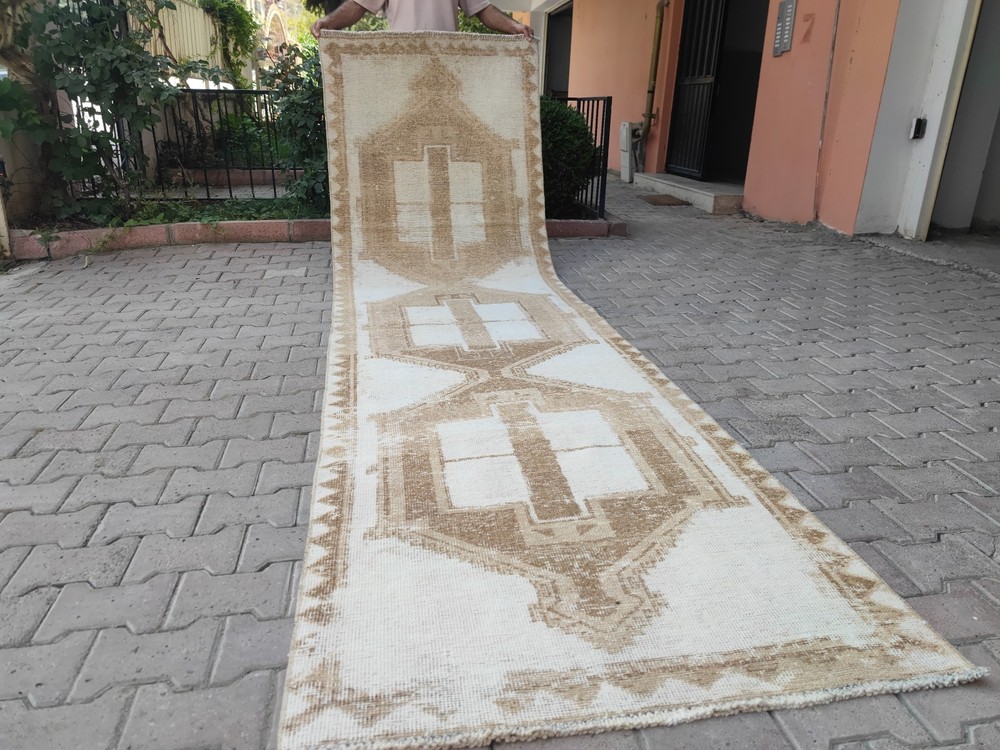 Vintage Beige Handmade Runner Rug 3x12 Neutral Living Room Gift