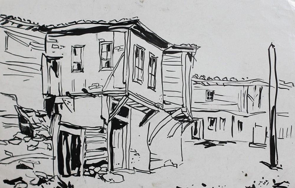 Ink drawing landscape village house