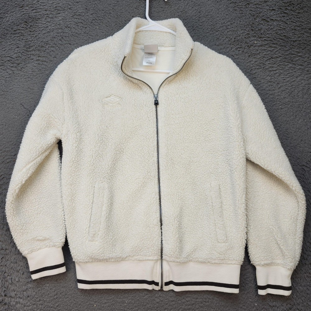 Umbro Sherpa Fleece Jacket Mens Medium White Full Zip Track Bomber Retro Style