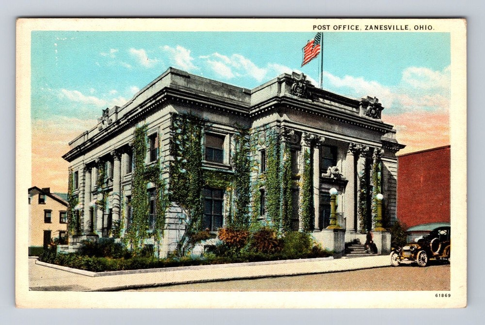 Zanesville OH-Ohio, Post Office Building, 1920's Car, Vintage Postcard
