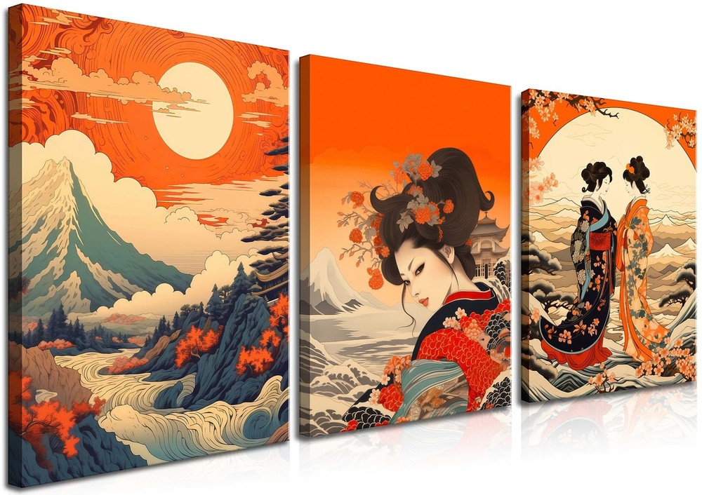 Framed Japanese Wall Art Set of 3, Nature Landscape Giant Wave Canvas Wall De...