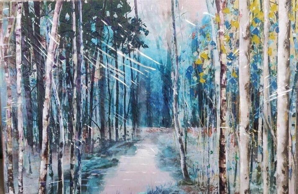 Abstract Painting Canvas Wall Hanging Blue Forrest Birch Trees Cool Nature Decor-image
