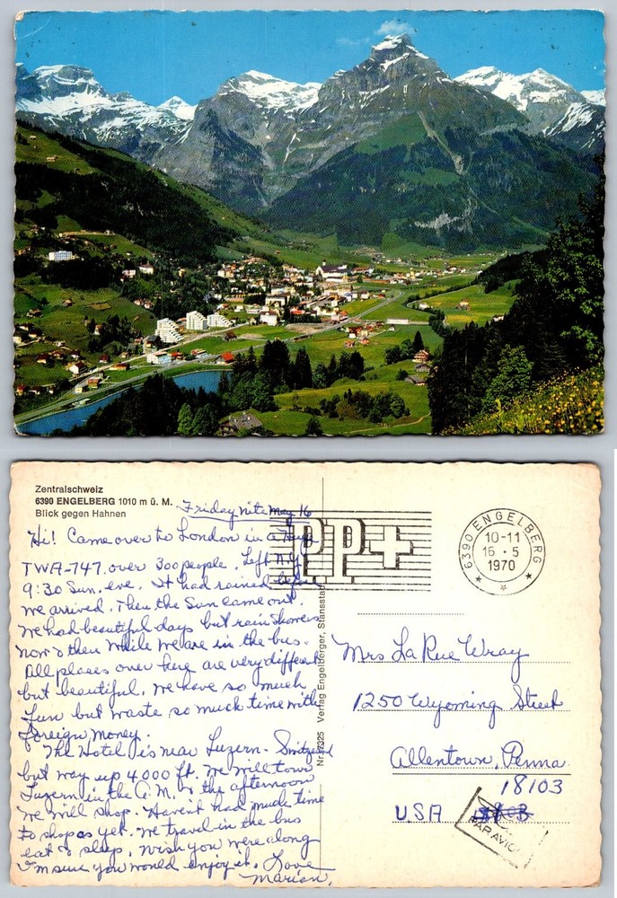 Vintage 1970 Engelberg Switzerland Mountain Valley Chrome Postcard Posted