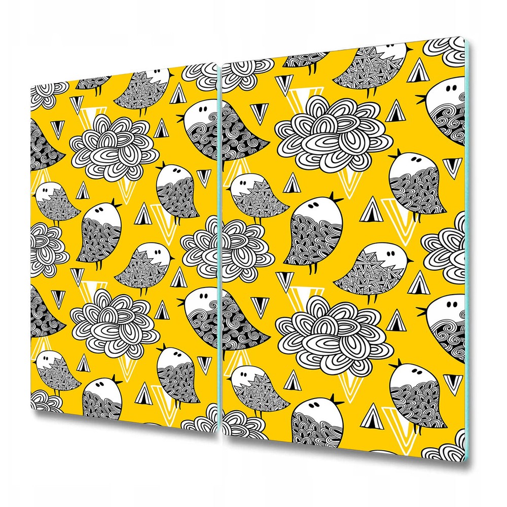 Glass Cutting Board Worktop Saver Doodle bird yellow and grey large 2x30x52