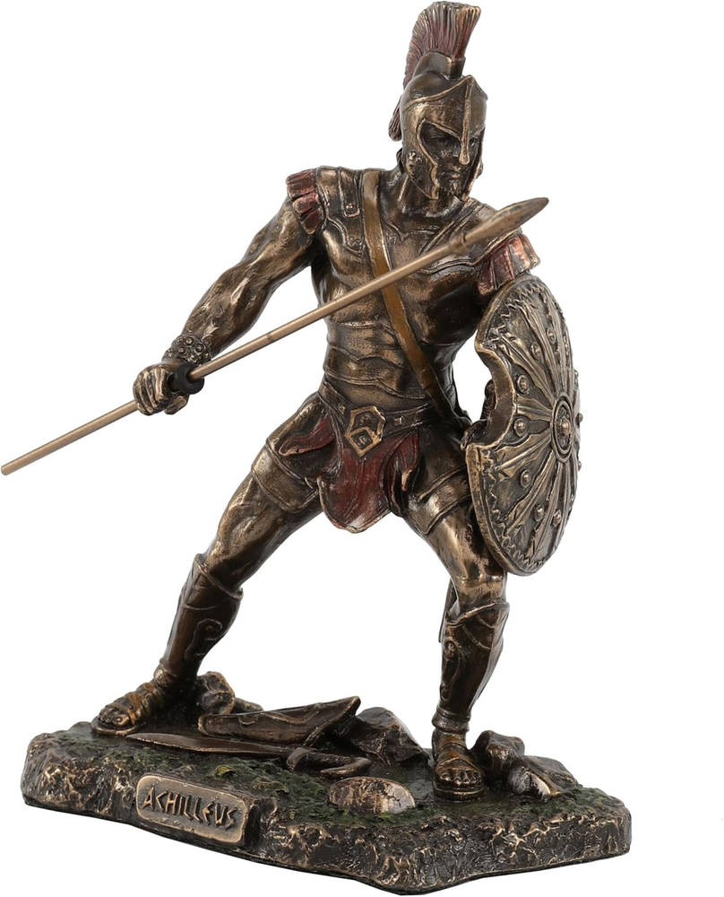Achilles Rage Trojan War Hero Achilleus Holding Spear and Shield Statue-image