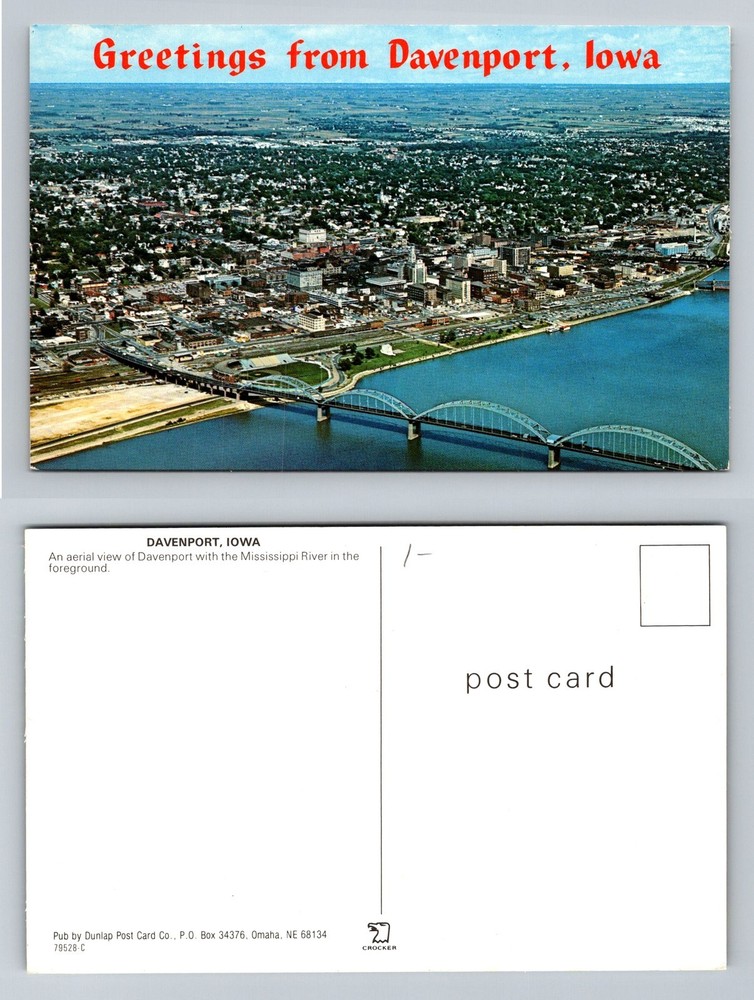 Davenport, IA-Iowa, Aerial View Mississippi River Bridge Vintage Postcard