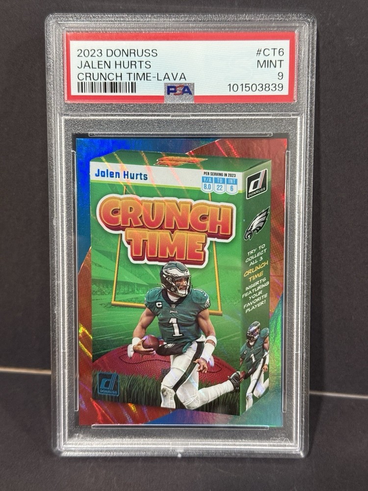 2023 PANINI DONRUSS CRUNCH TIME-LAVA #CT6 JALEN HURTS #’d 04/10 PSA 9