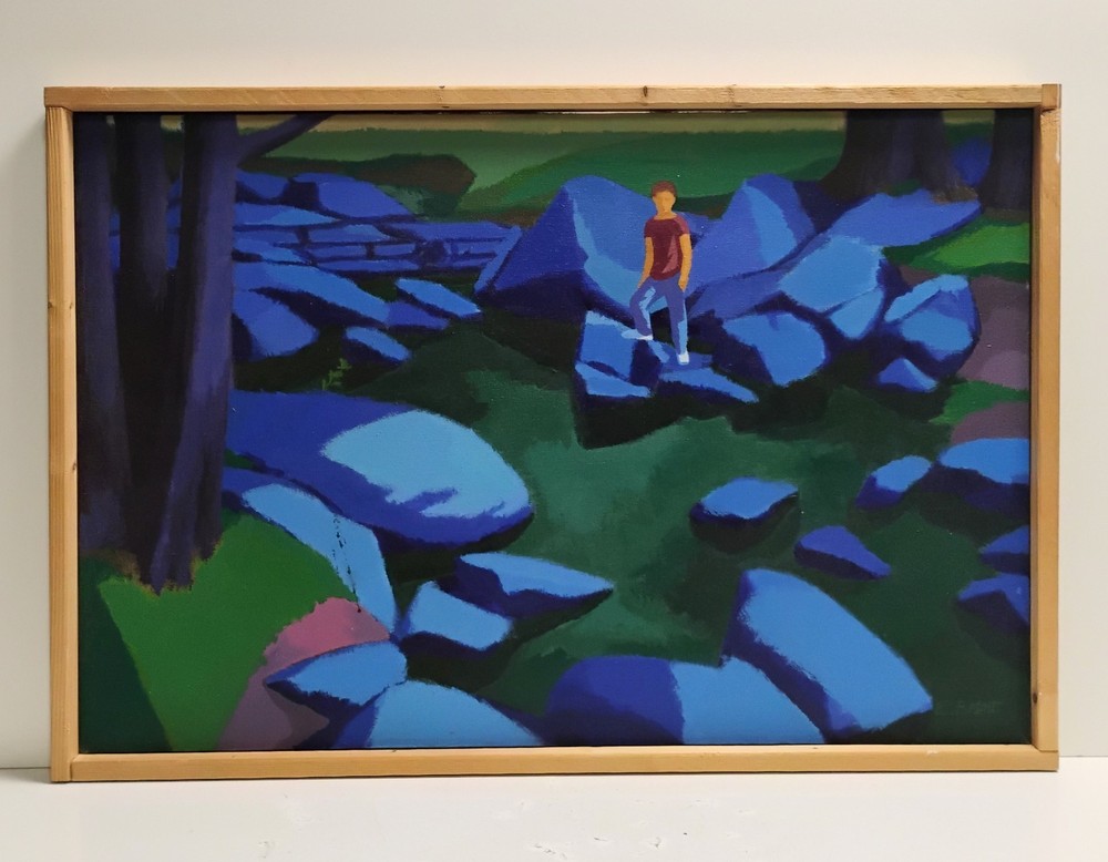 Edwin A. Brent Oil On Canvas  Modernist Rocky Landscape w/ Figure Painting 24X35