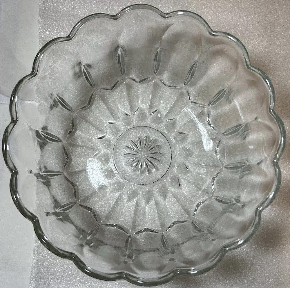 MidCentury Vintage Clear 9in Pressed Glass Serving Bowl with Scalloped Starburst Edge  