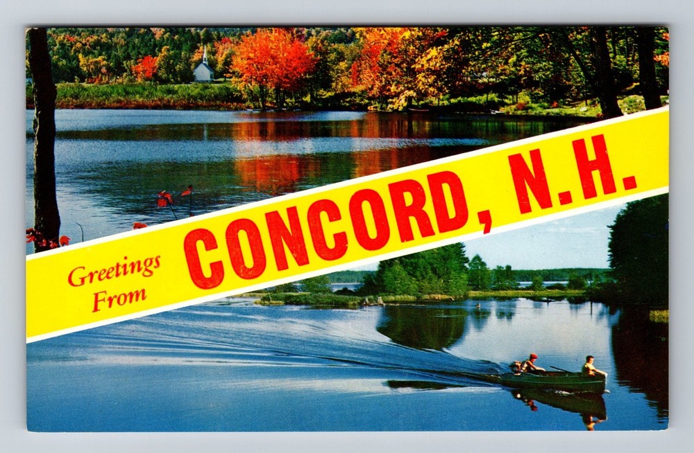 Concord NH-New Hampshire Banner Greetings Autumn Foliage Lake Vintage Postcard