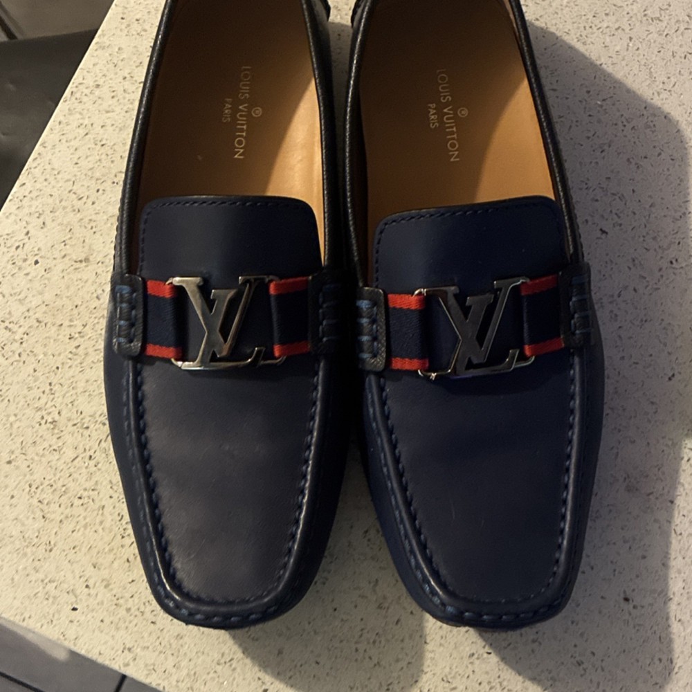 Louis Vuitton Blue Red Leather authentic moccasins Loafers Men's Size 9