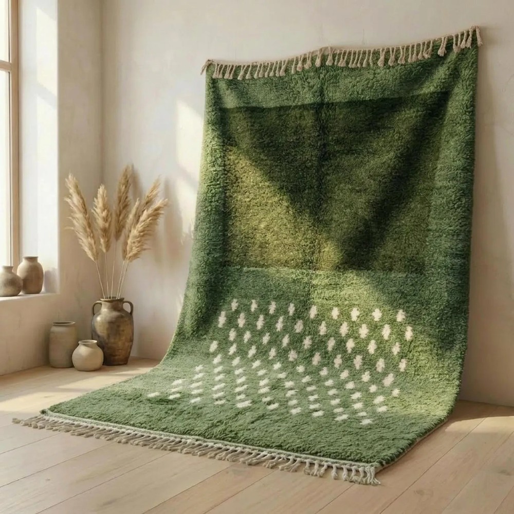 Moroccan Boujaad Rug Forest Green Abstract Ivory Dots | Handmade Wool Berber 6x9-image