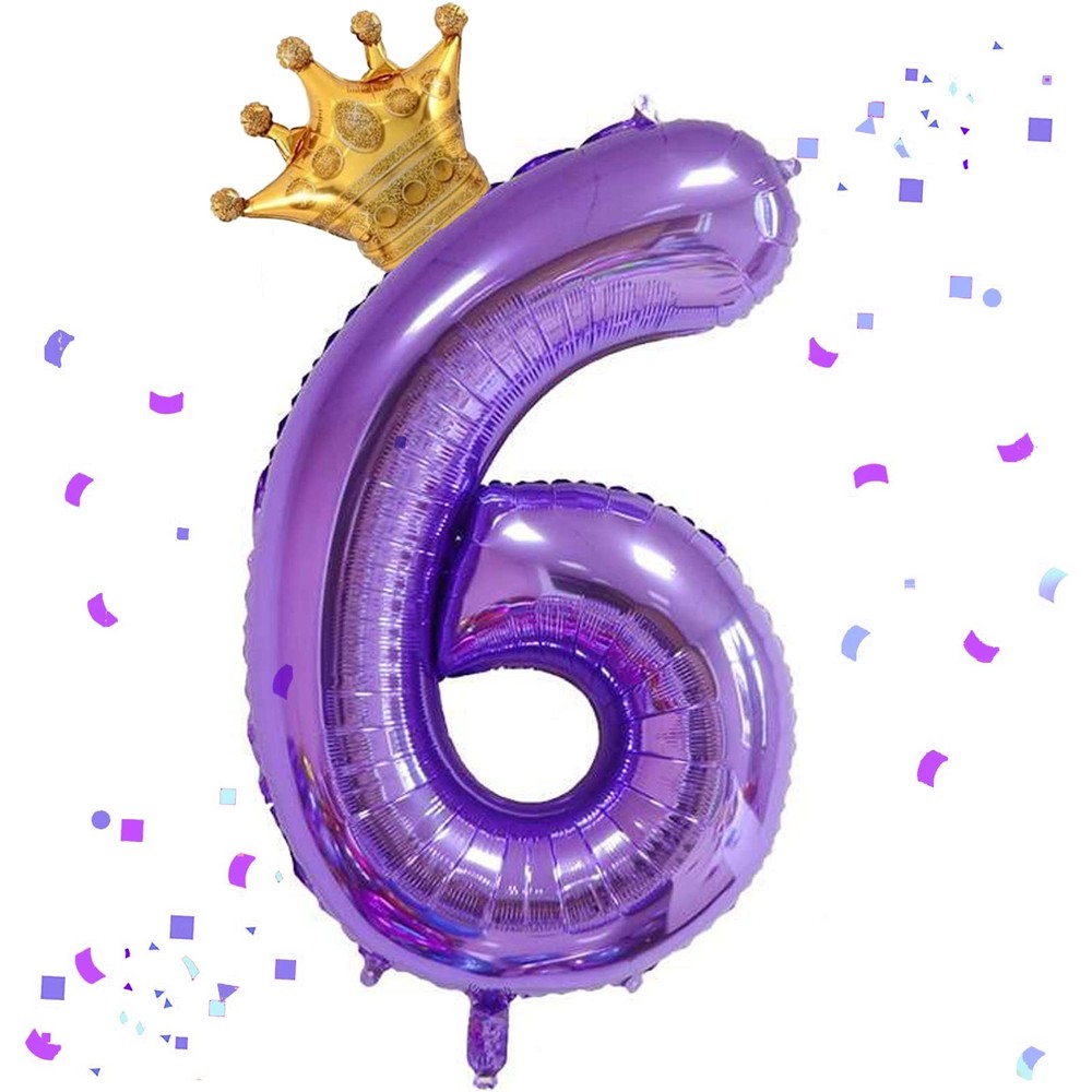 40 Inch Purple Number 6 & Mini Crown Balloon for Birthday Party Decorations, ...