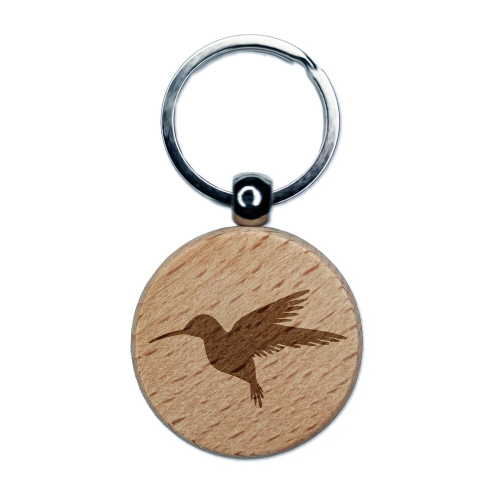 Llavero redondo silueta de colibrí grabado en madera con etiqueta