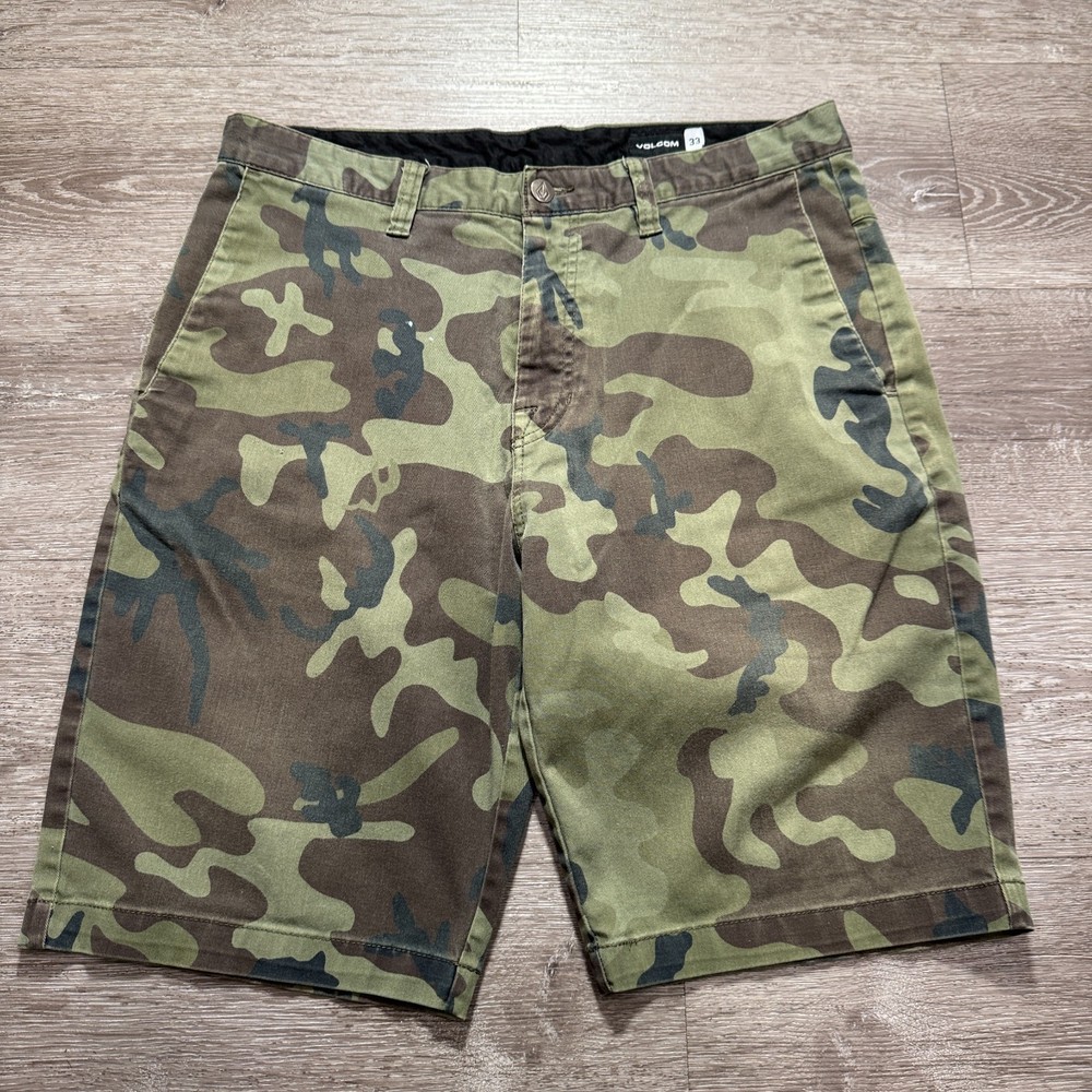 Volcom Shorts Men 33 Green Camo Chino Flat Front Casual Army Walkshort 10