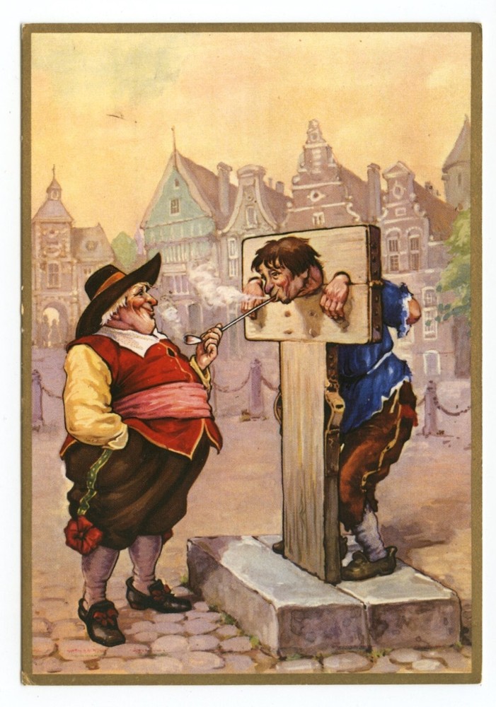 Man in Stocks Smoking Troost Pipe Tobacco New York Business Advertising Postcard
