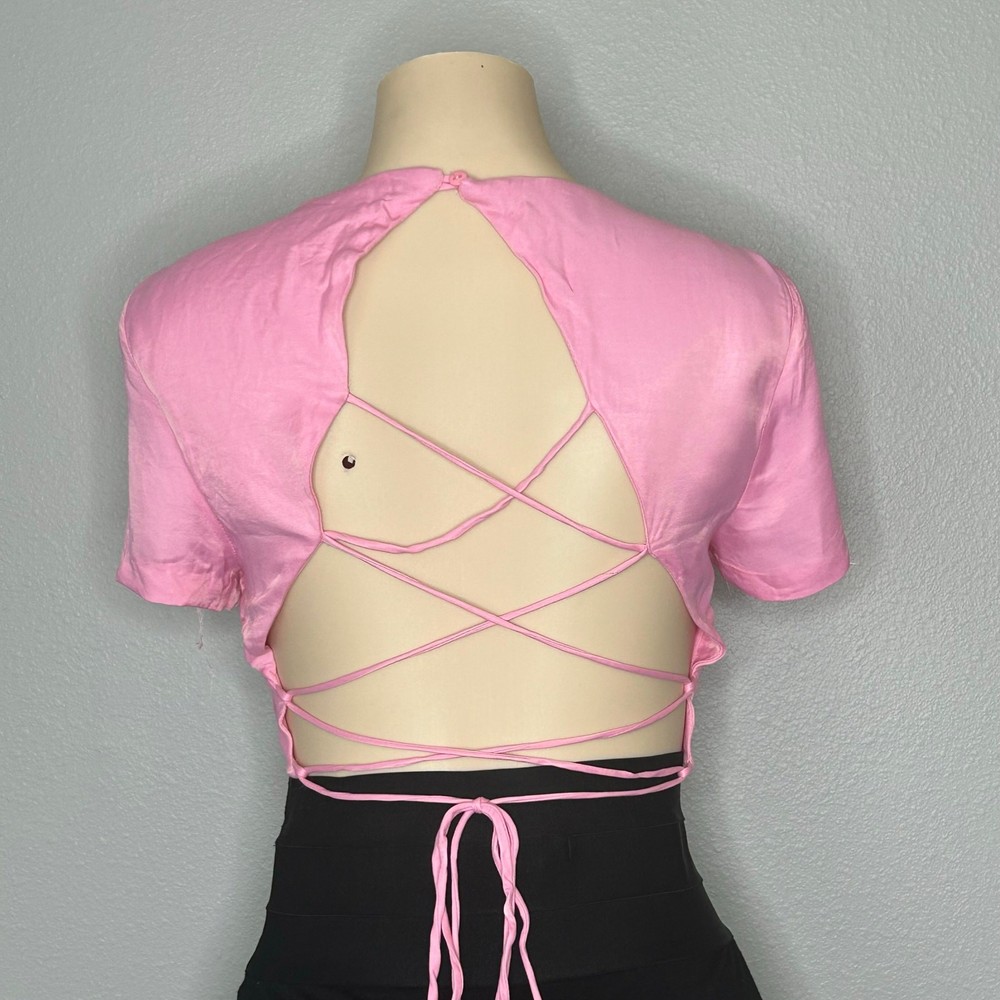 ZARA Pink Open Back Lace Up Crop Top Tie Back Short Sleeve Size Sm barbiecore