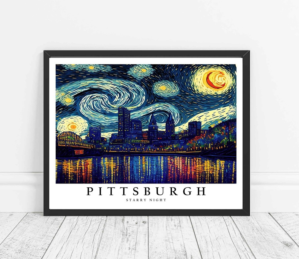Pittsburgh City Starry Night Photo Art Print Poster Wall Art Painting