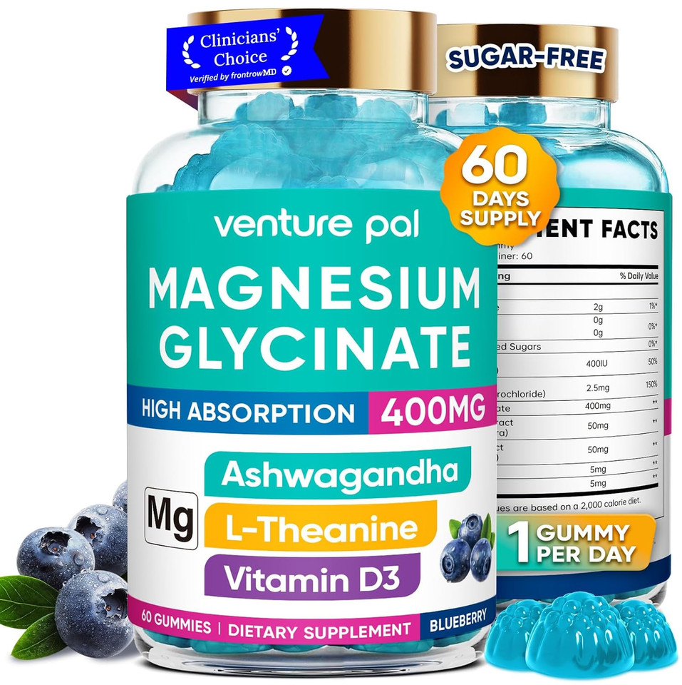 60 Day Supply Magnesium Glycinate 400Mg Gummies with Ashwagandha, L-Theanine, Co