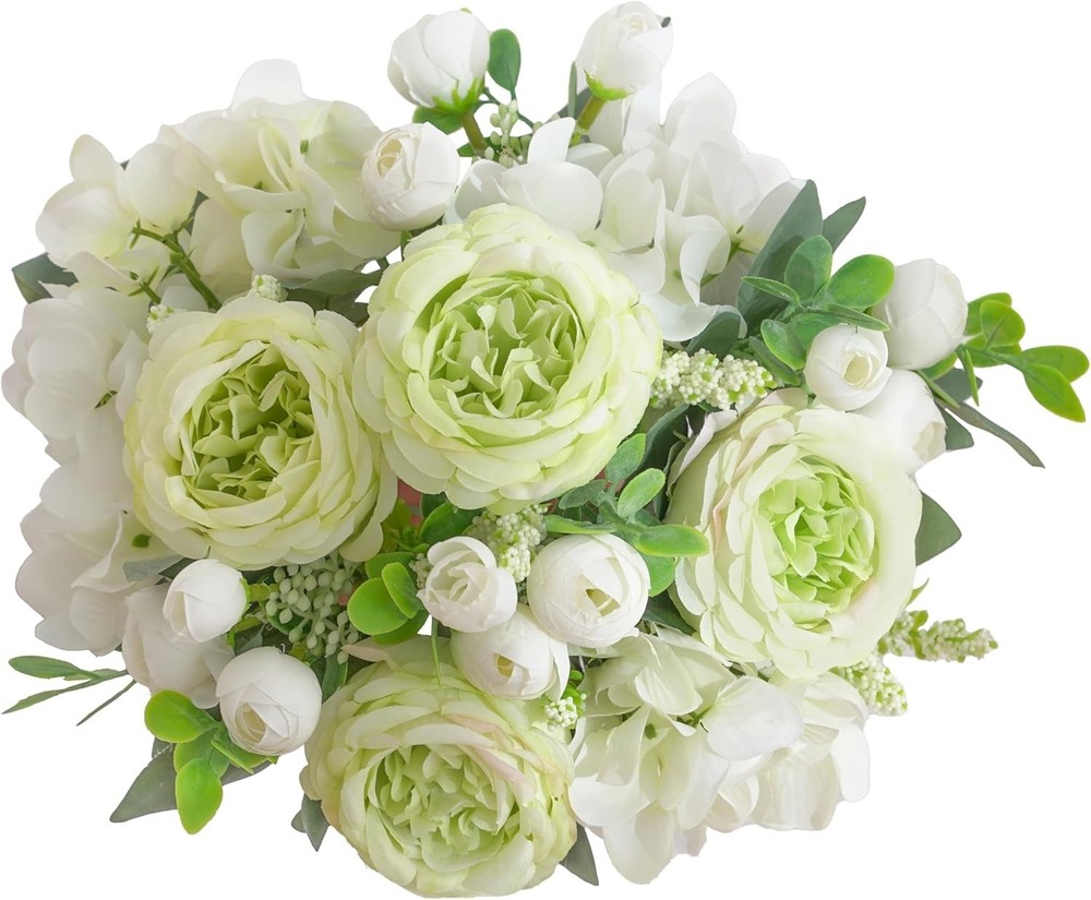 2 Bunches Green Peony Artificial Flowers Decoration Small Faux Rose Fake Bouquet