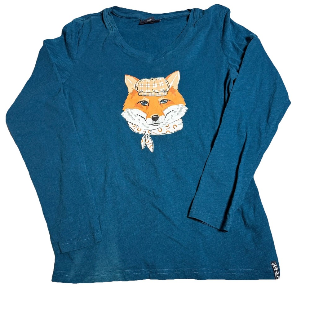 Ariat Shirt Womens Medium Blue Teal Long Sleeve Animal Fox Love Graphic