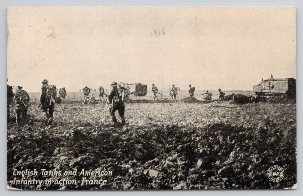 1918 WWI English Tanks American Infantry Action France Chicago Daily News