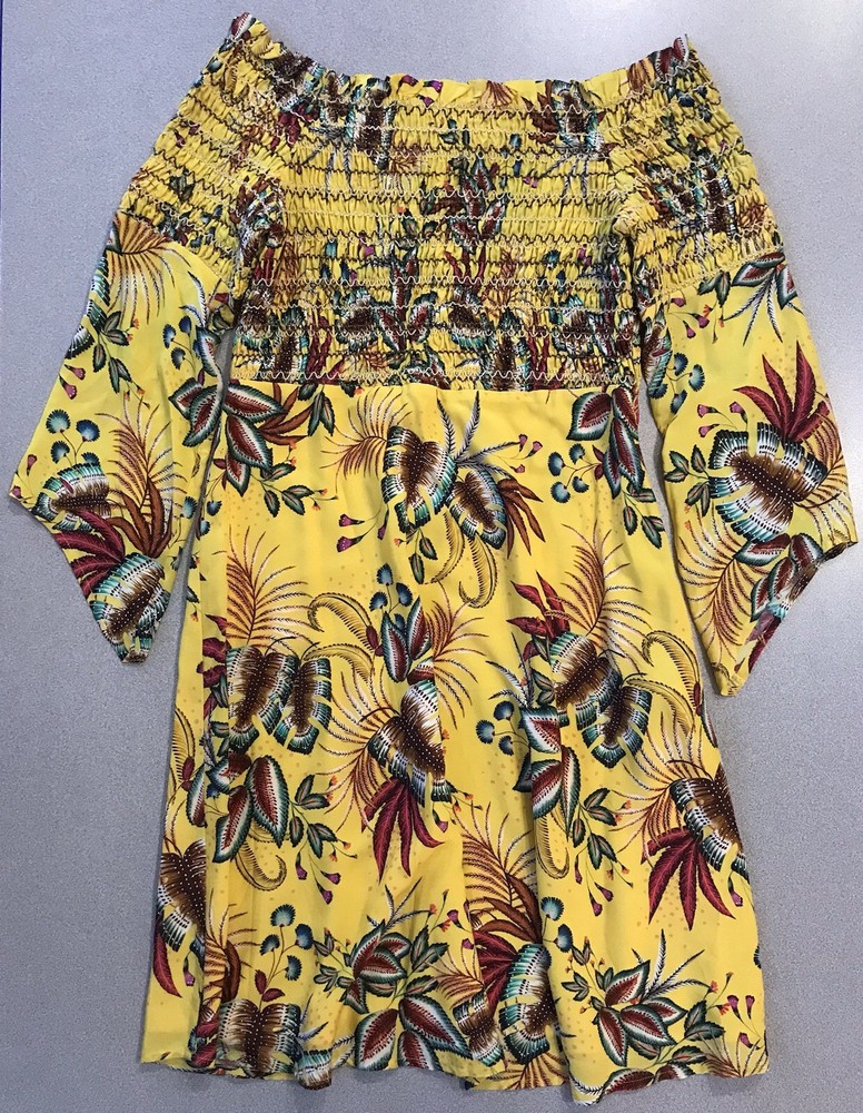 Anthropologie Farm Rio Bria Smocked Mini Dress Size SMALL Off Shoulder Yellow