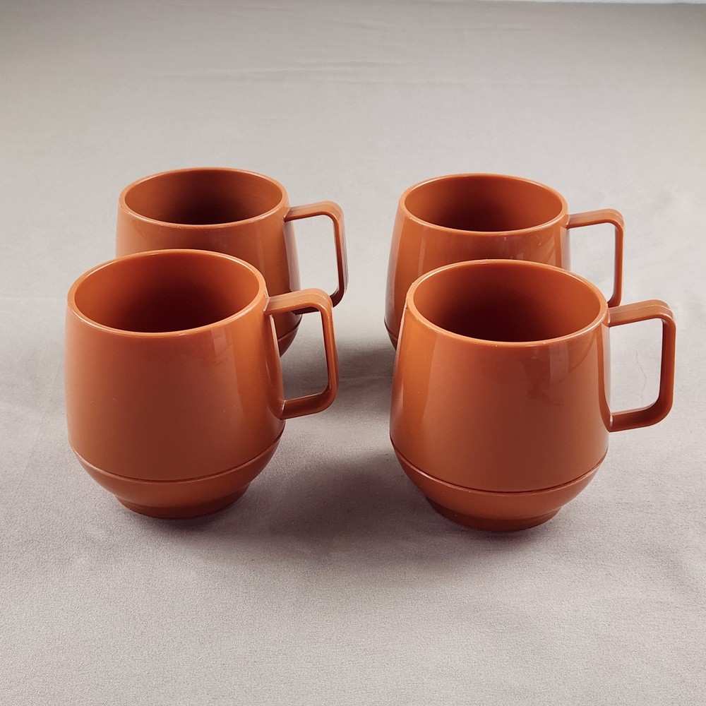 Vtg Insulated Hospital Melamine MCM Coffee Tea Mugs D-Line Orange Brown