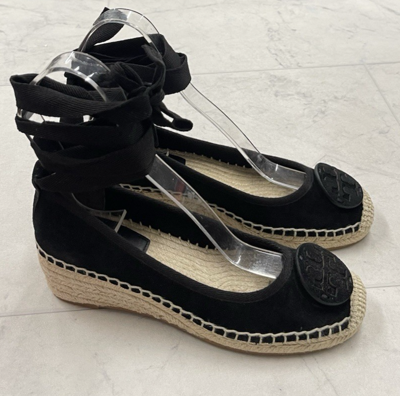 New Tory Burch Minnie Ballet Wedge Espadrille Black Size 6