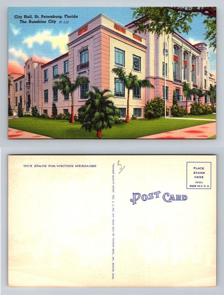 St. Petersburg, FL-Florida, City Hall Sunshine City Palm Trees Vintage Postcard