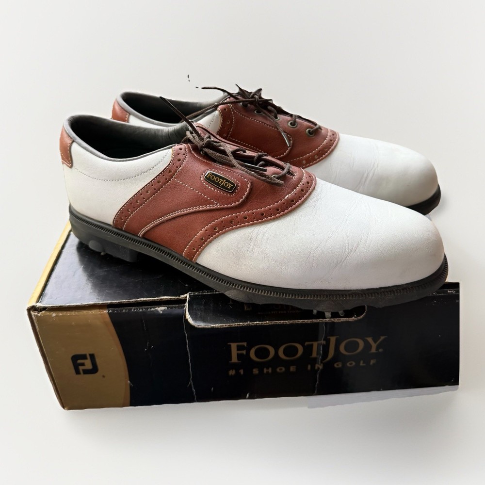 FootJoy Men's DryJoys Aqua Flex Golf Shoes Size 10.5 M Style #53629 White Brown
