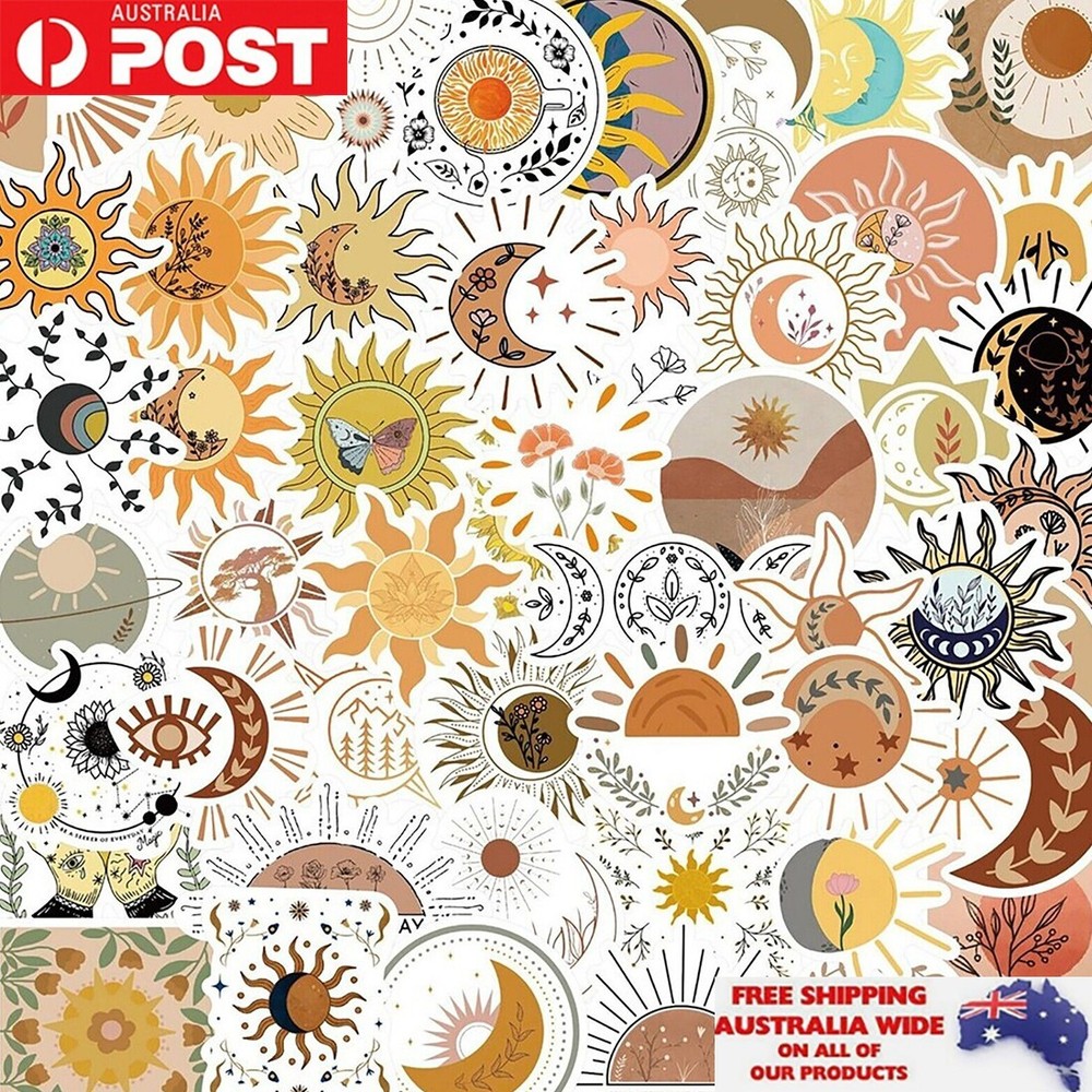 50pcs Retro Boho Flowers Sun Moon Sticker Pack Waterproof Graffiti Phone Decal