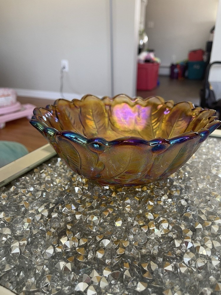 Indiana Glass Footed Console Bowl Wild Rose Iridescent Amber Glass Vintage