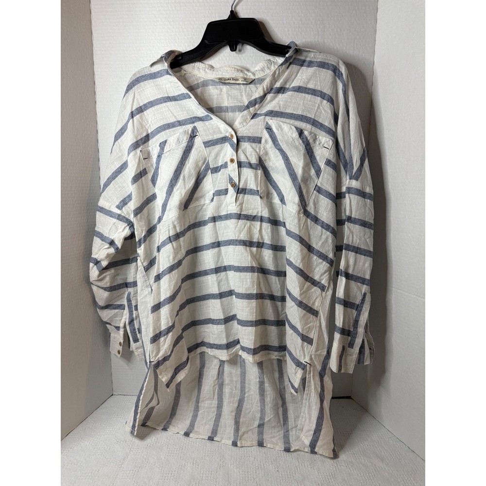 ZARA BASIC Striped Tunic Shirt Long Sleeve Button Up Casual Top Women Sz Small