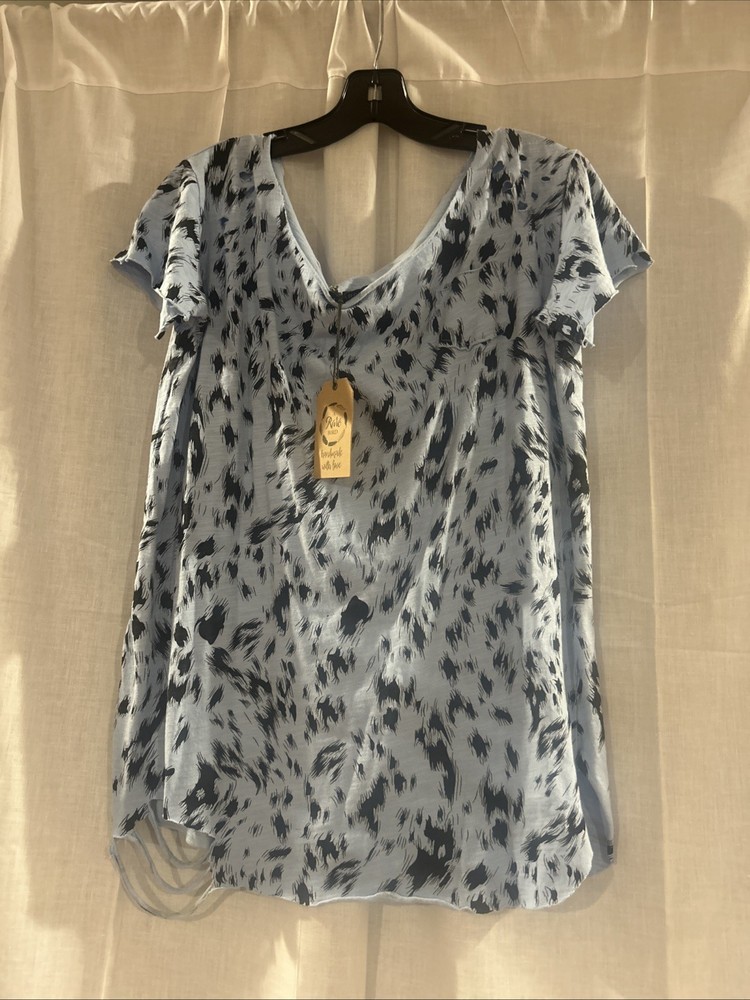 A Rare Bird Shirt Womens S/M Blue/ Black Rag Distressed Grunge Ripped Tee NEW