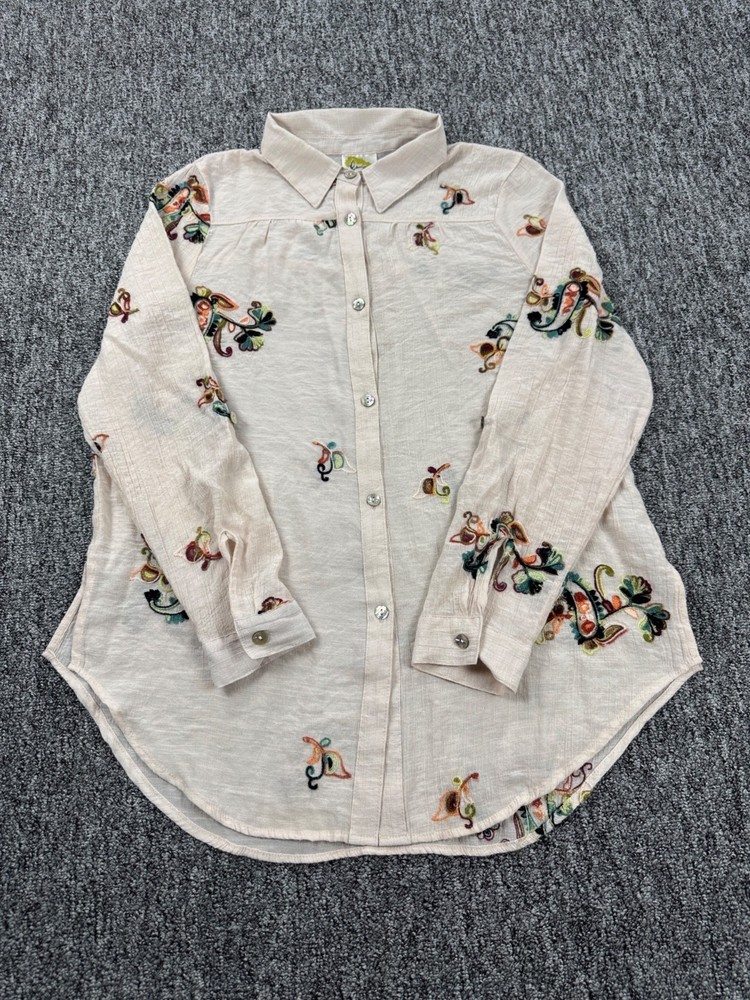 Anthropologie Fig & Flower Top Women Medium Floral Embroidered Roll Tab Sleeve
