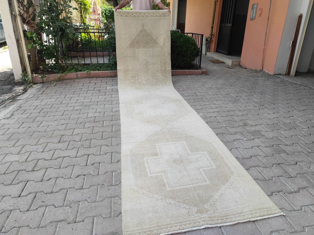 Vintage Turkish Beige Runner Rug 3x13 Neutral Indoor Entryway Carpet