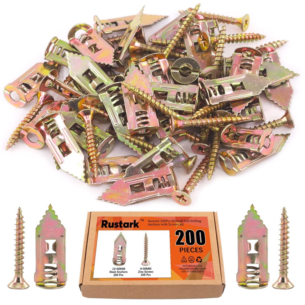 Rustark 200pcs Steel Self-Drilling Drywall Anchors Kit Zinc Plated