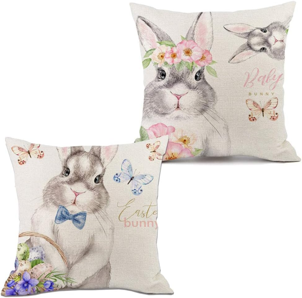 Easter Bunny Pillow Cover Set of 2 18x18 Inch Cute Rabbit Home Decor