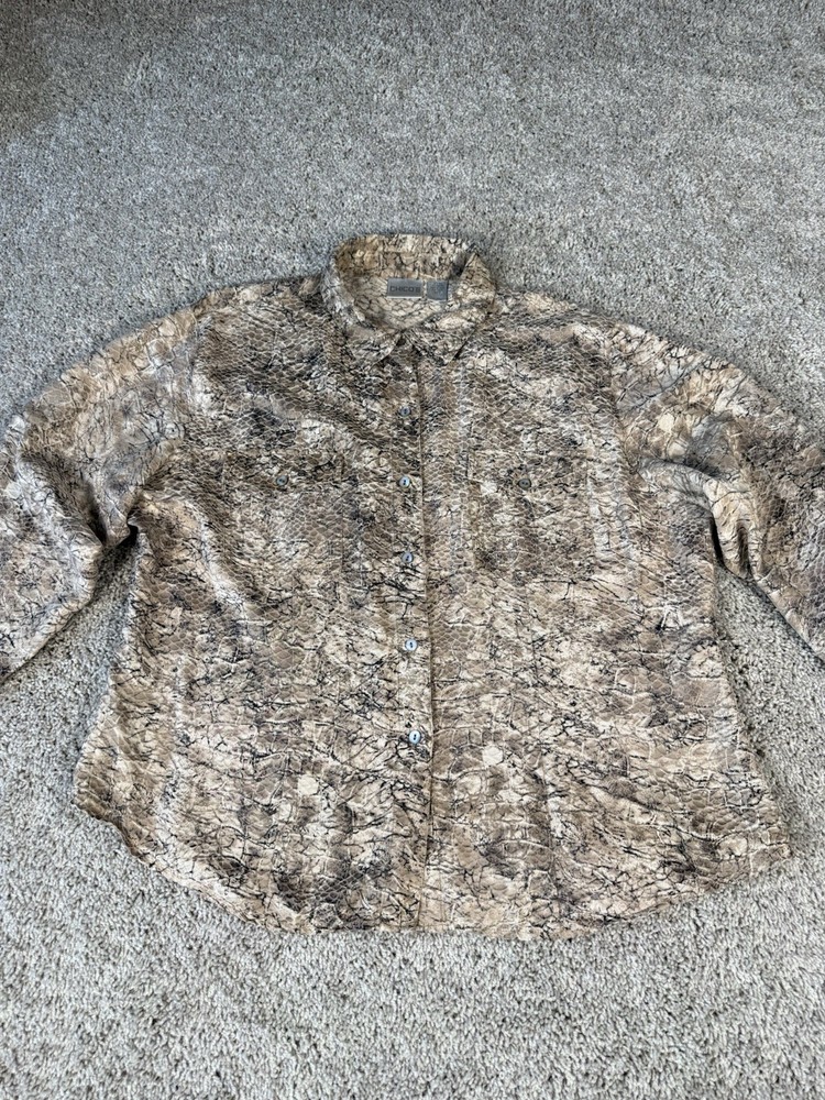 Chico's Women's Button Down Shirt Size 3 Silk Blend Snake Print Blouse Top