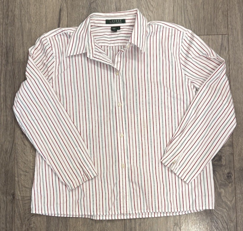 Lauren Ralph Lauren Button Up Women’s Shirt Red Blue Stripe Size L 3/4 Sleeve