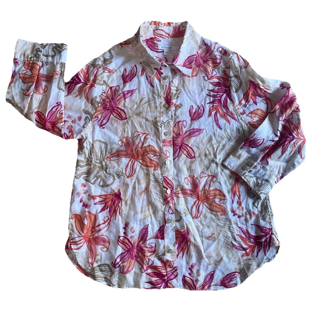 Chico's No Iron Linen Shirt Floral 3/4 Sleeve Button Up Blouse Size 1 (US 8)