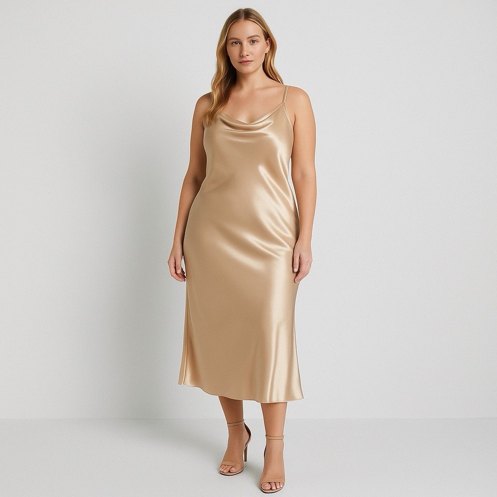Bebe Slip Dress L  Champagne Gold Satin Cowl Neck Spaghetti Strap Midi Y2K Sexy