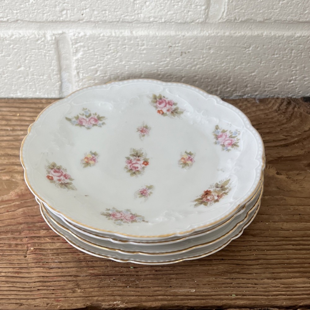 Austria Bavaria Porcelain Dessert Plates Floral Pink Gold Round Set of 4