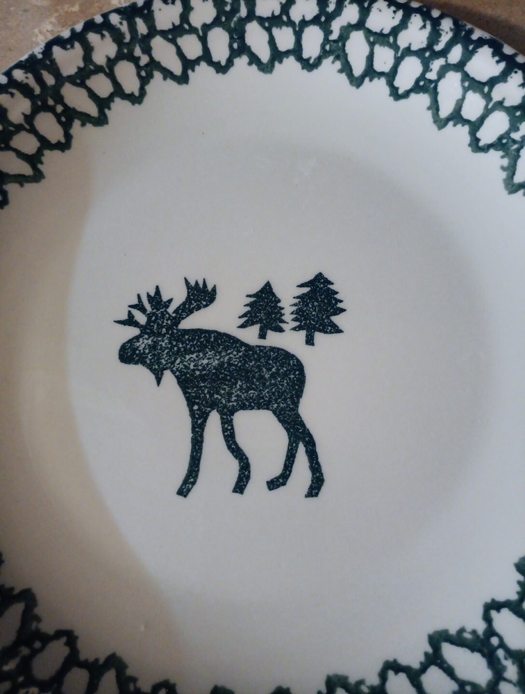 Folk Craft Moose Country by Tienshan 12” Plate Dark Green Moose + Trees + Border